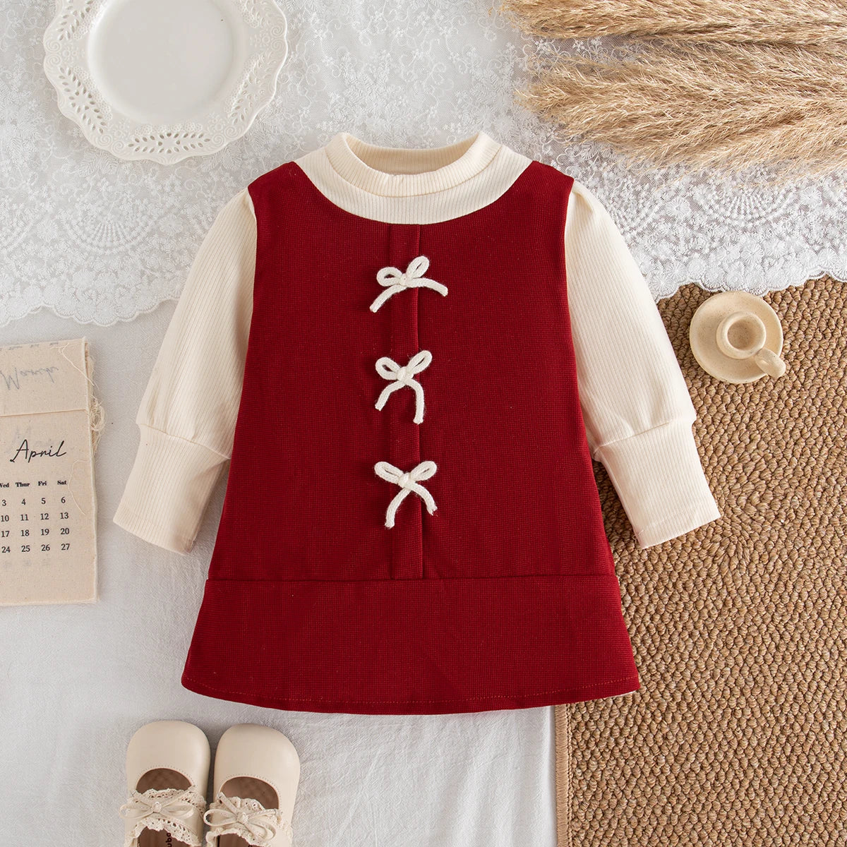 Girls First Birthday Banquet Costume Bow Element Soft Knit Long Sleeved Red Dress