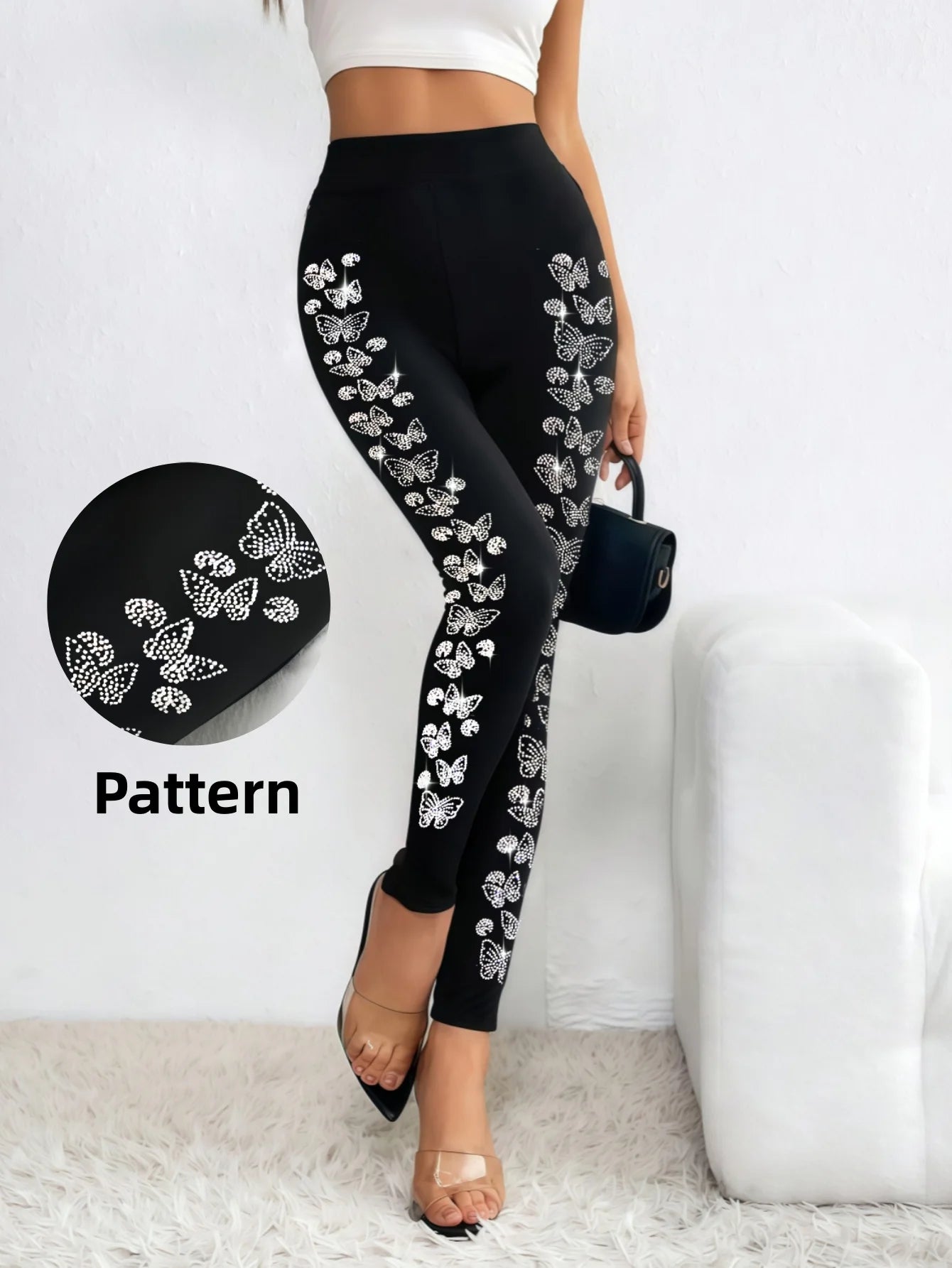 Butterfly Side Design High Waist Sparkling Rhinestone Leggings