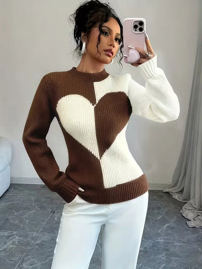 Colour-Block Heart Pattern Knitted Round Neck Long-Sleeve Casual Sweaters