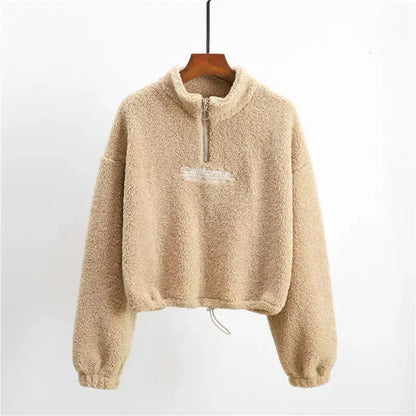 Letter Embroidery Stand Neck Fleece Long Sleeve Pullover