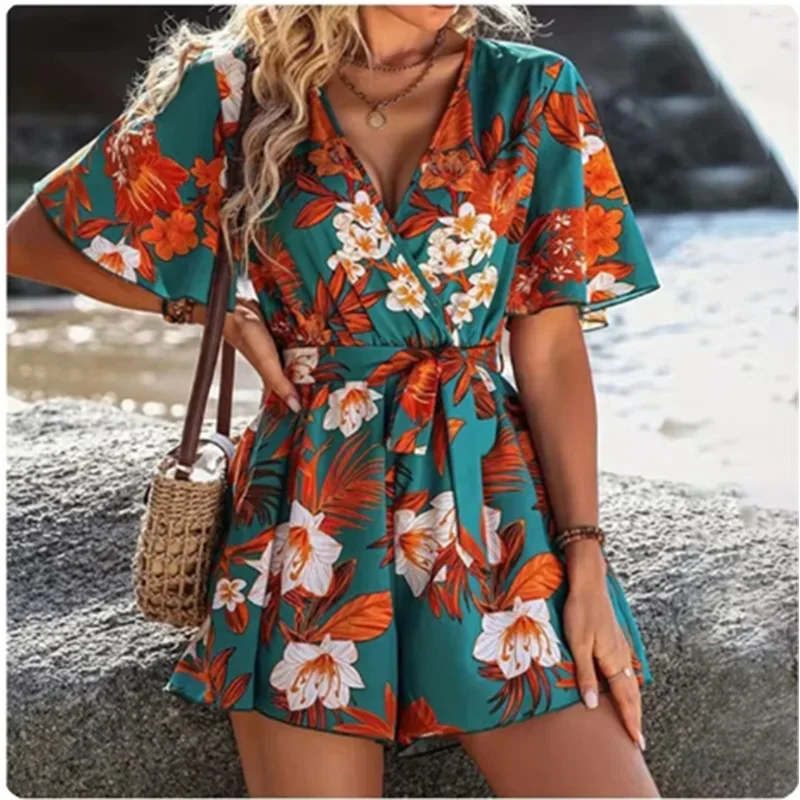 Printed V-neck Short Sleeve Jumpsuit