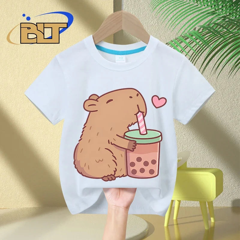 Cute Capybara Loves Bubble Tea print T-Shirt