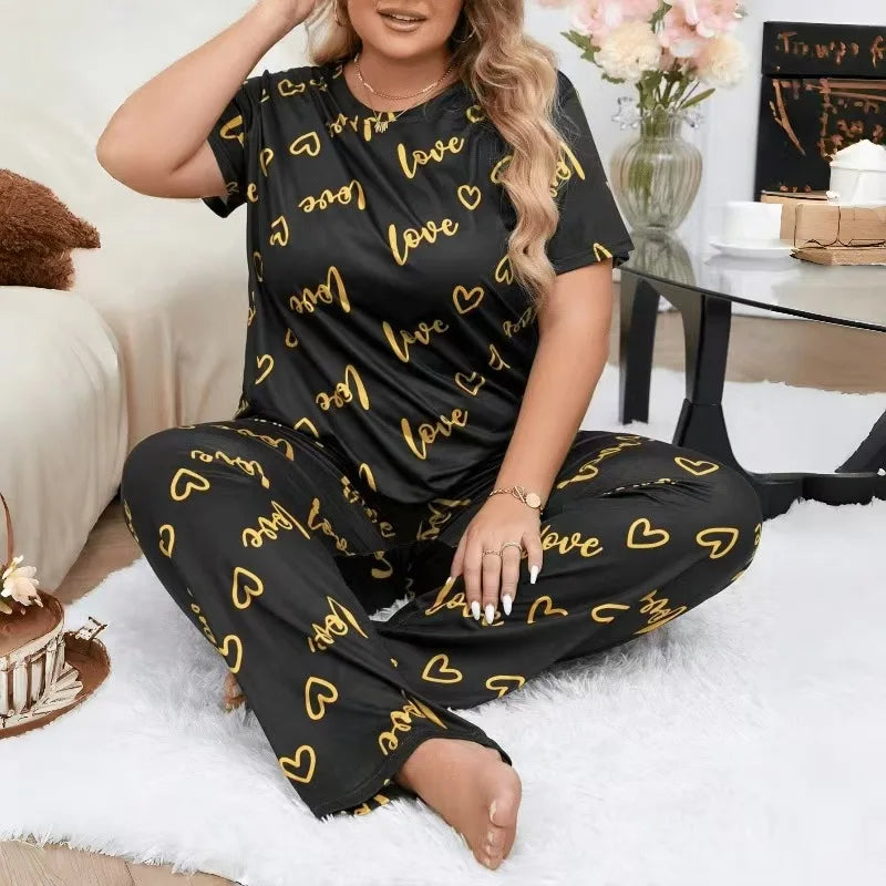 Plus size Spring Long Sleeve Tops Shorts Pajamas Set Sleepwear