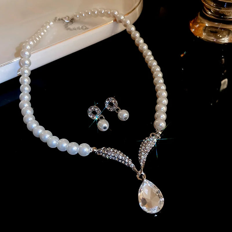 Rhinestone Pearl Rectangular Necklace Set