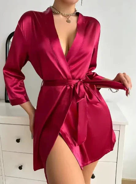 Lace-up bathrobe sexy ice silk robe