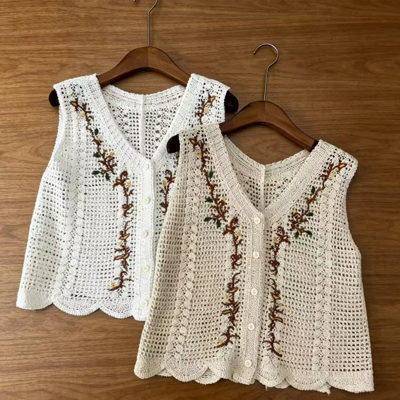 Floral Vest Button Front Waistcoat Openwork Knit Sleeveless Jacket