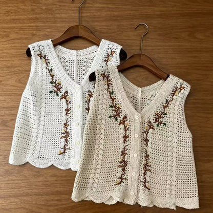 Floral Vest Button Front Waistcoat Openwork Knit Sleeveless Jacket