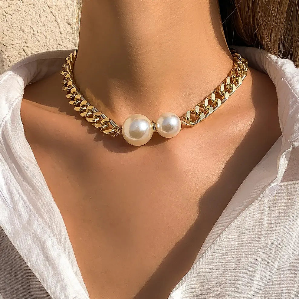 Punk Cuban Chains Imitation-Pearl Pendant Necklace