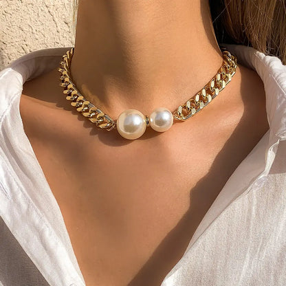 Punk Cuban Chains Imitation-Pearl Pendant Necklace