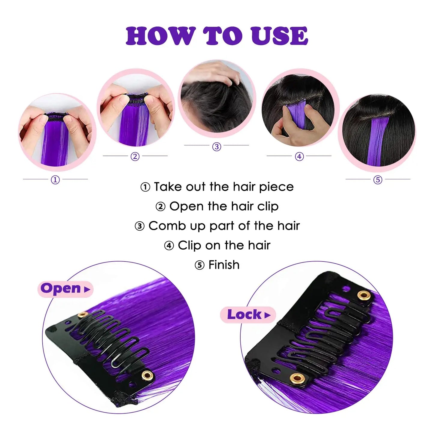 Purple Hair Extensions 6Pcs Wig