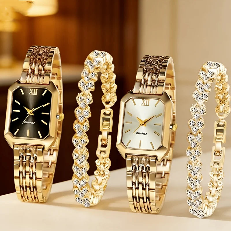 4PCS/Set Elegant Rectangle Quartz Wristwatch Heart Bracelets Set