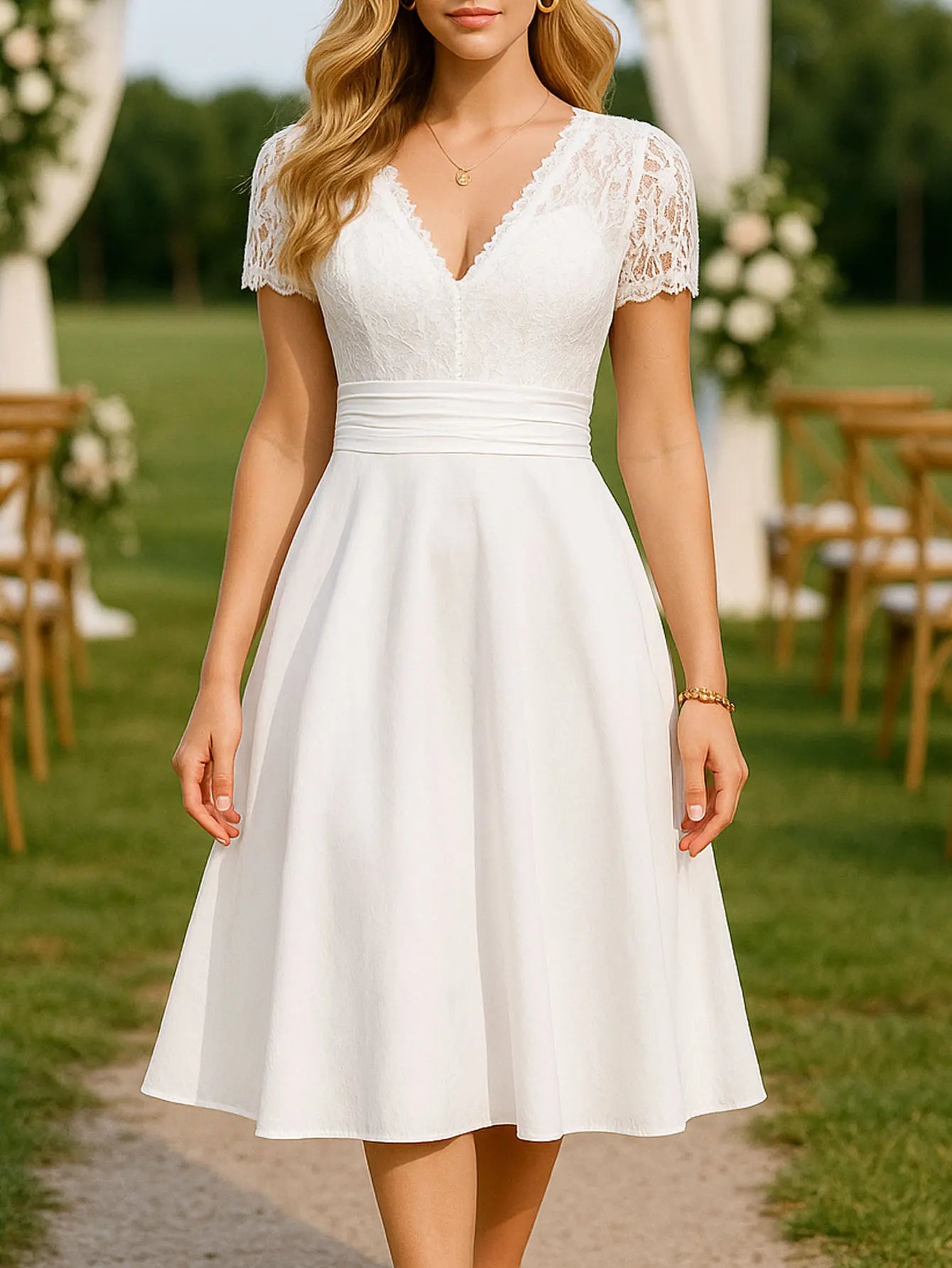 Vintage Floral Lace V Neck Short Sleeve Cocktail Midi Dress