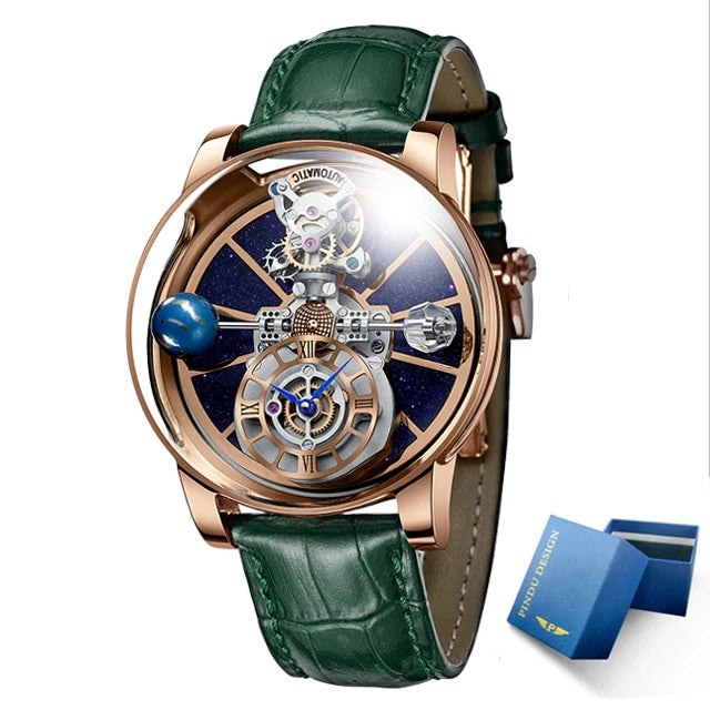 Celestial Starry Sky Curved Glass Transparent Waterproof Leather Watch