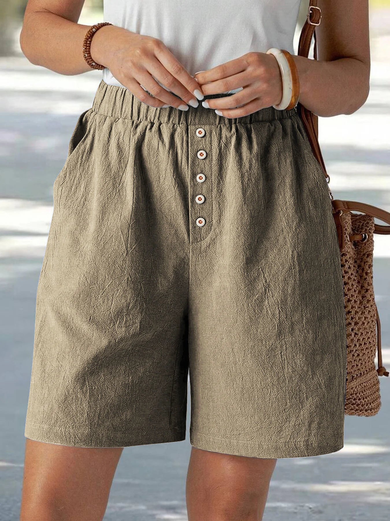 Summer Casual Loose Pocket Buttoned Linen Shorts