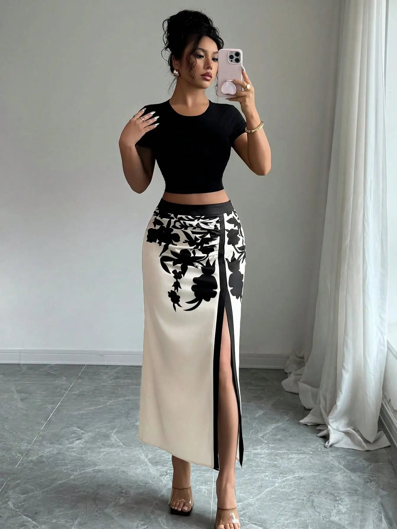 Black Floral Print Midi High Slit Casual Skirt