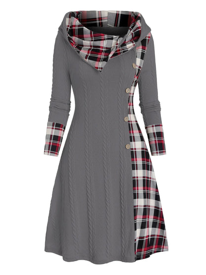 Knitted hooded plaid print stitching fake buckle high waist long sleeve dress