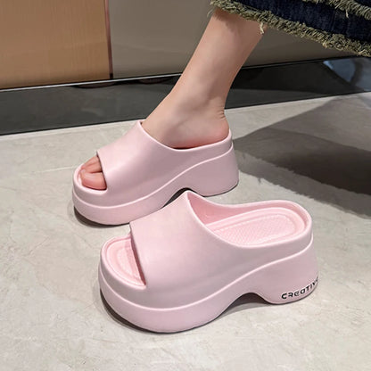 Elegant Pink Platform Wedge Heel Soft Lightweight Thick Bottom Slippers