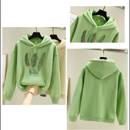 Feather Printed Hoodies Casual Loose pullover