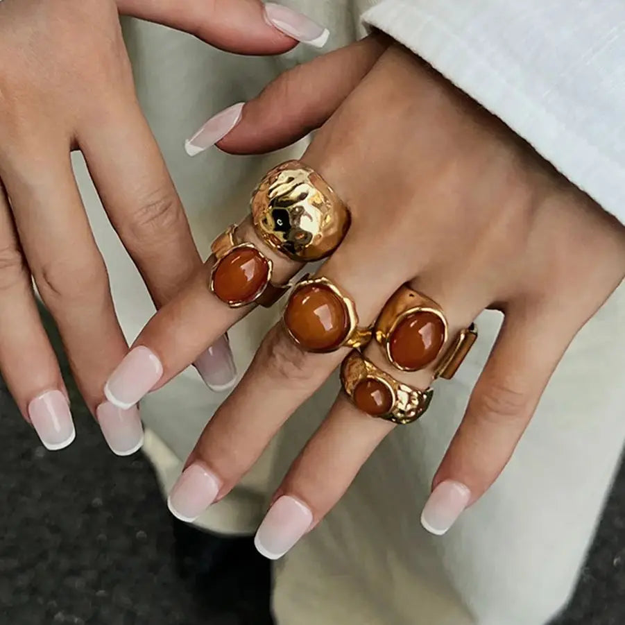 5 Pcs/Set Vintage Exquisite Inlay Acrylic Rhinestone Ring Chunky Thick Rings
