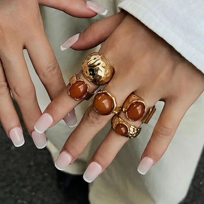5 Pcs/Set Vintage Exquisite Inlay Acrylic Rhinestone Ring Chunky Thick Rings