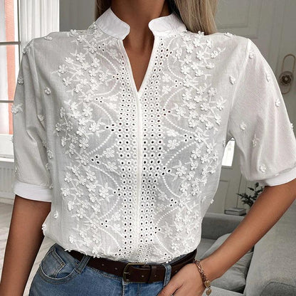 Floral Lace V Neck Casual Chic Short Sleeve Blouse