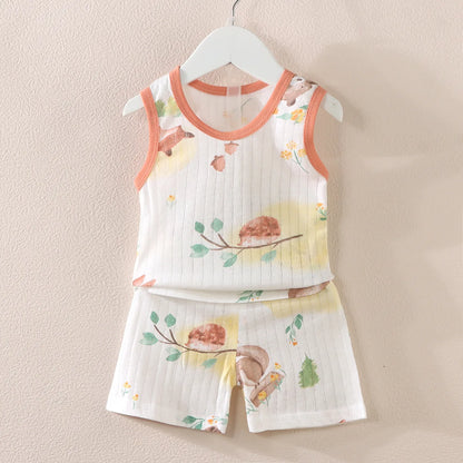 Cartoon Thin Style Sleeveless Baby Pajamas Set