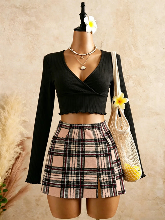 Black Wrap V Neck Ruffle Hem Ribbed Long Sleeve Outfit Slim Set