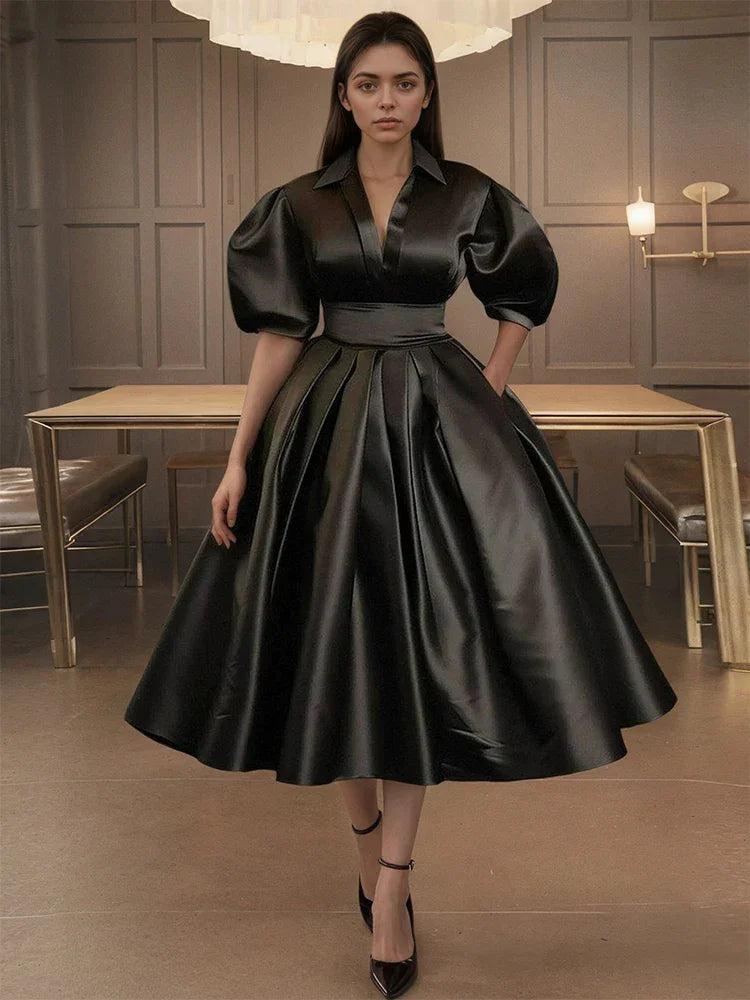 Elegant Satin Plus Size Puff Sleeve Sexy Dress
