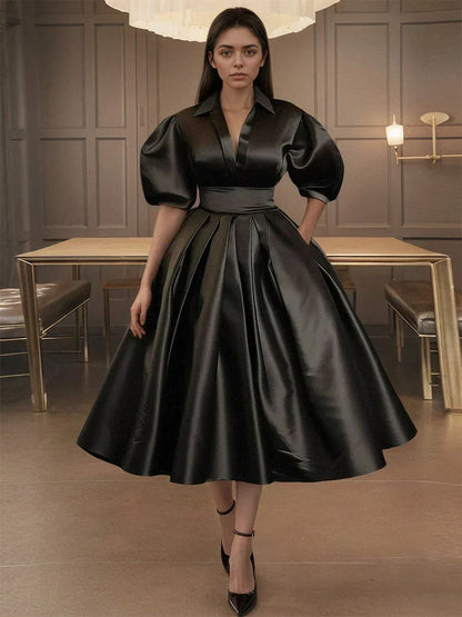 Elegant Satin Plus Size Puff Sleeve Sexy Dress