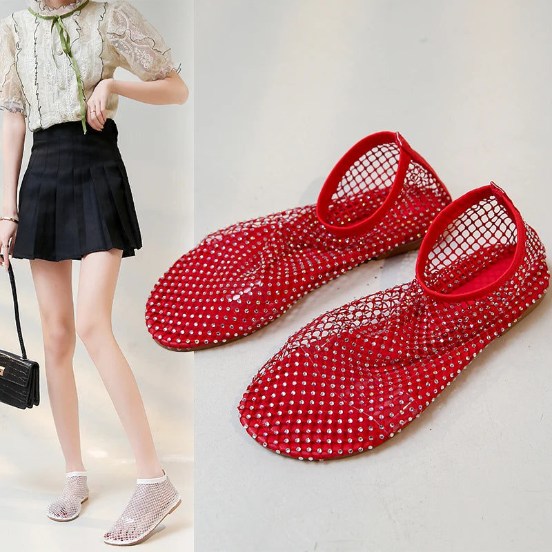 Mesh Luxurious Rhinestone Round Toe Sandal
