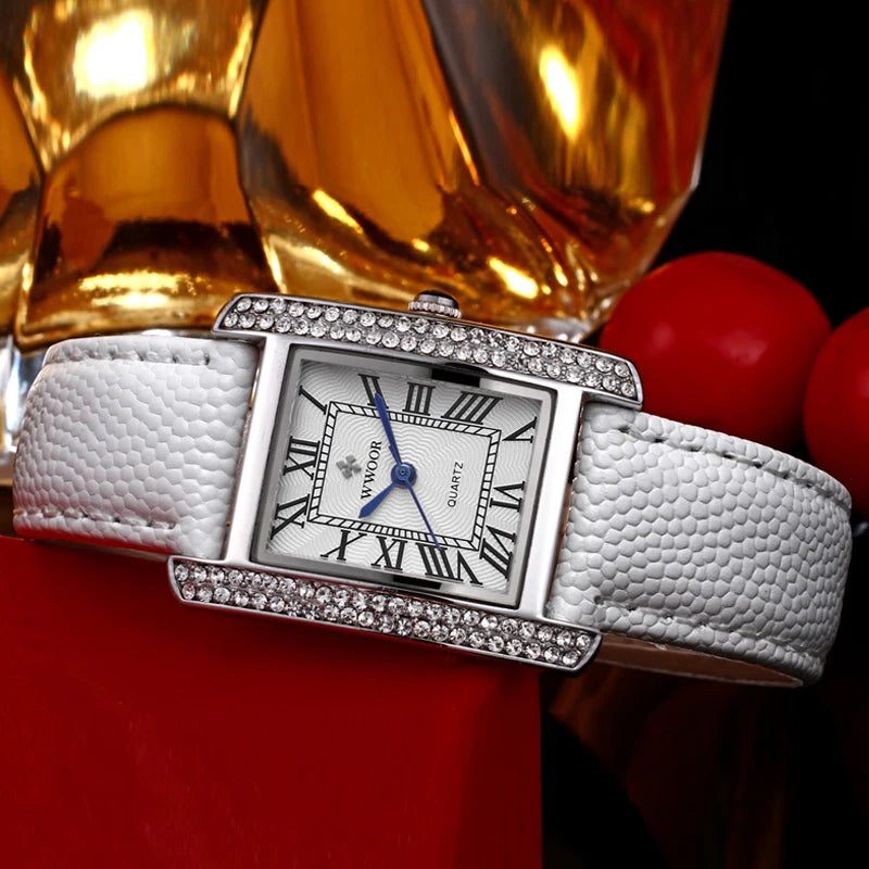 Elegant Square Diamond Waterproof Luxury Leather Quartz Watch