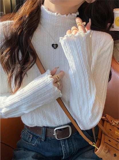 Knitted Sweater Long Sleeve Mock Neck White Knit Sweater Pullover