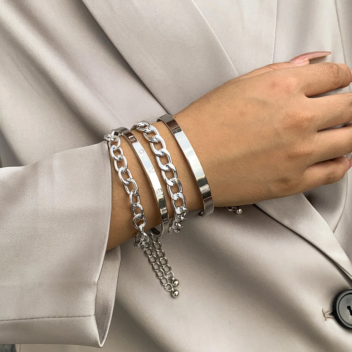4pcs Punk Curb Cuban Chain Bracelets Set
