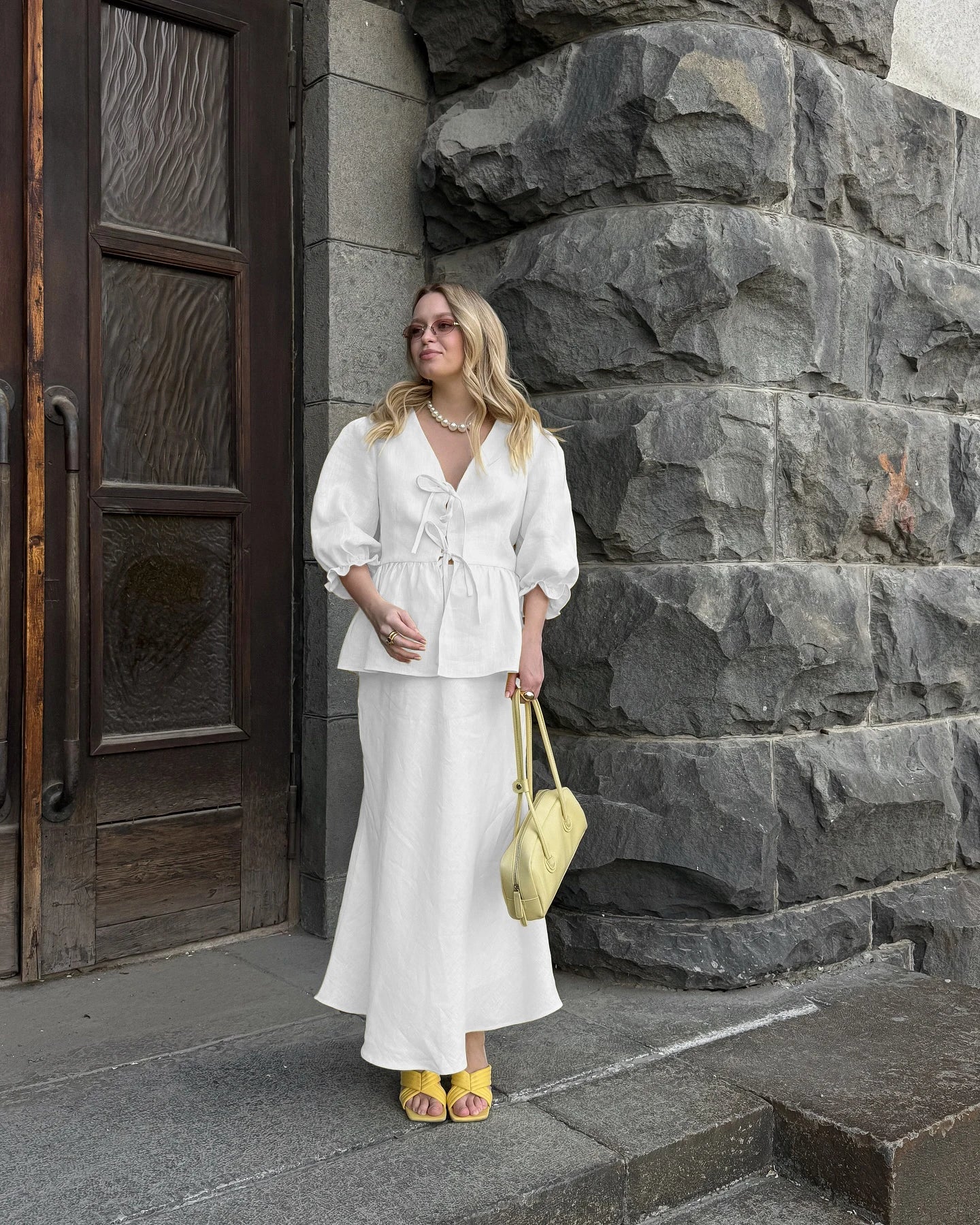 100% Cotton Bubble Sleeve Shirt  Long Skirt Set