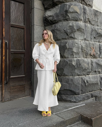 100% Cotton Bubble Sleeve Shirt  Long Skirt Set
