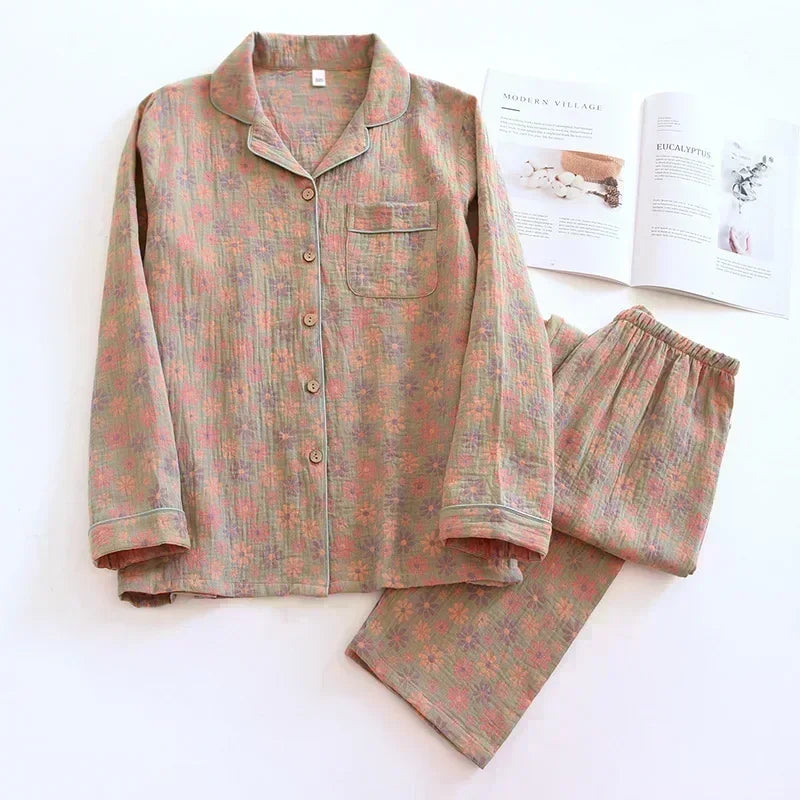 Suit Long-sleeved Trousers 100% Cotton Crepe Flower Leaves Pajama Sets