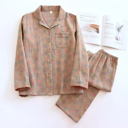 Suit Long-sleeved Trousers 100% Cotton Crepe Flower Leaves Pajama Sets