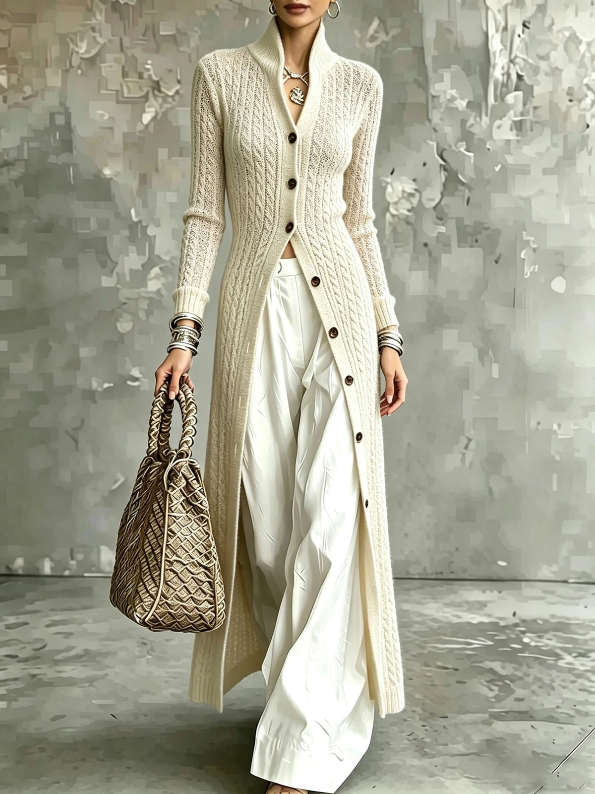 Long Black Knit Cardigan Autumn Winter High Neck Open Front Oversized Jumper