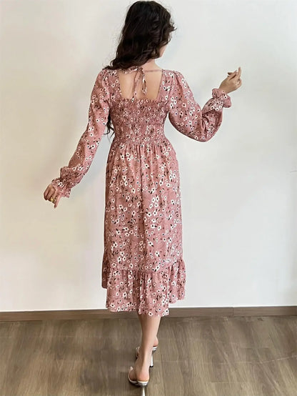 Long Sleeve Casual Chiffon Floral Elastic Chest Lace Up Midi Dress