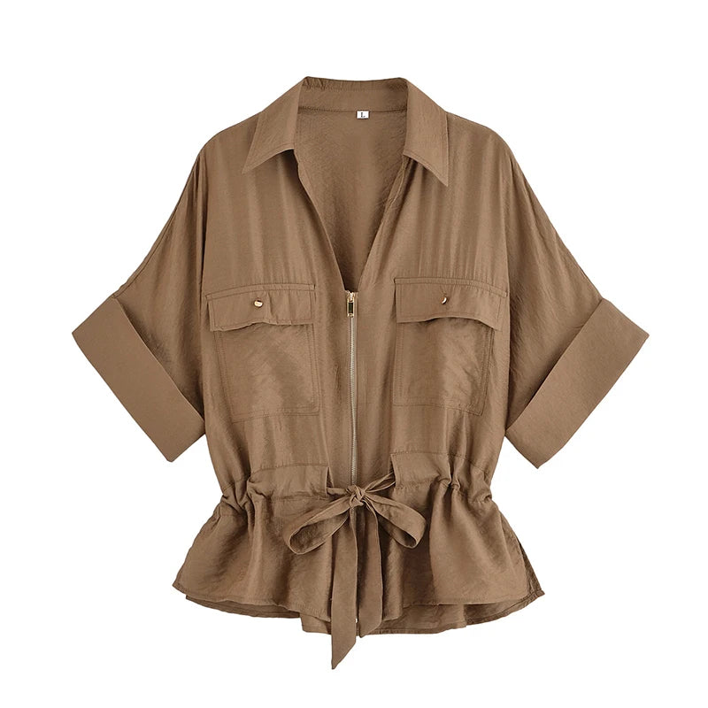 Solid Front Zipper Shirts & Vintage Pants Sets