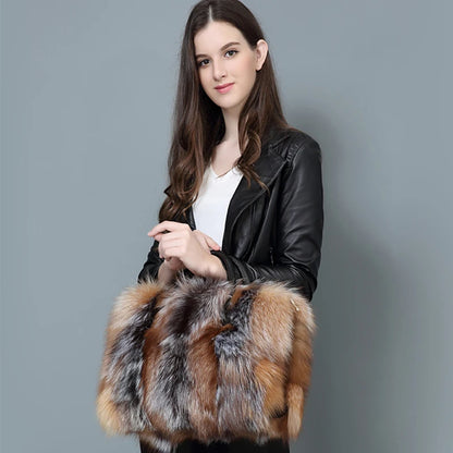 Real Fox Fur Large Size Plush Crossbody Luxury Handbags Fluffy Tote Bag