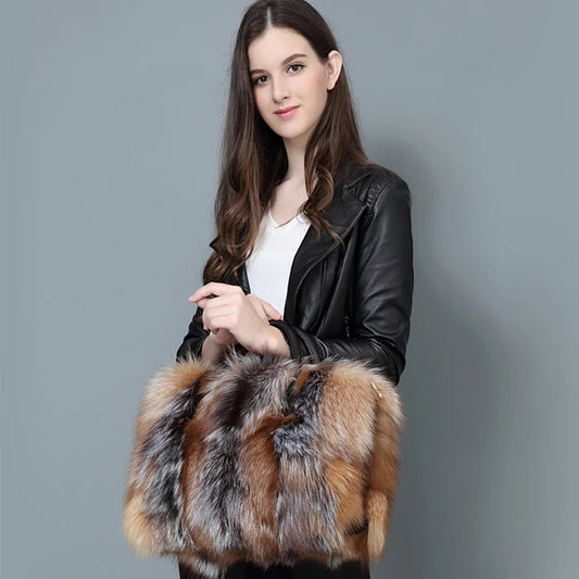 Real Fox Fur Large Size Plush Crossbody Luxury Handbags Fluffy Tote Bag