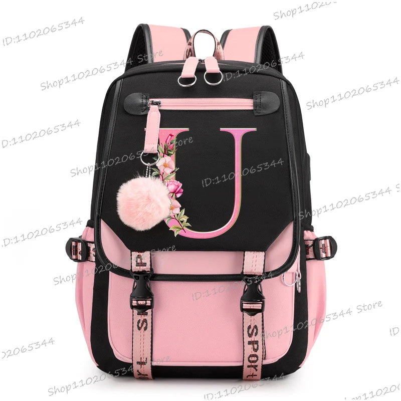 Black Pink Backpacks 26 Initials Flower A-Z Alphabet Large Capacity Students Bookbag