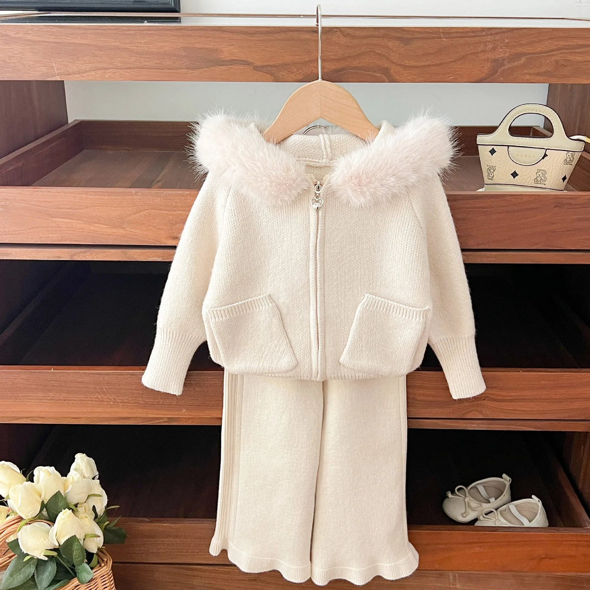 Autumn and Winter Wool Collar Hooded Sweater Pants Set