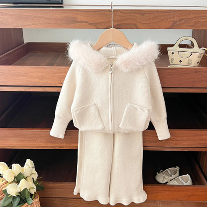 Autumn and Winter Wool Collar Hooded Sweater Pants Set