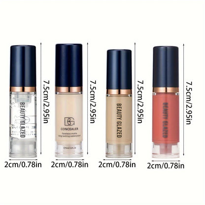 4Pcs Set Primer + Concealer + Liquid Foundation + Liquid Blush Matte Velvet Waterproof Foundation