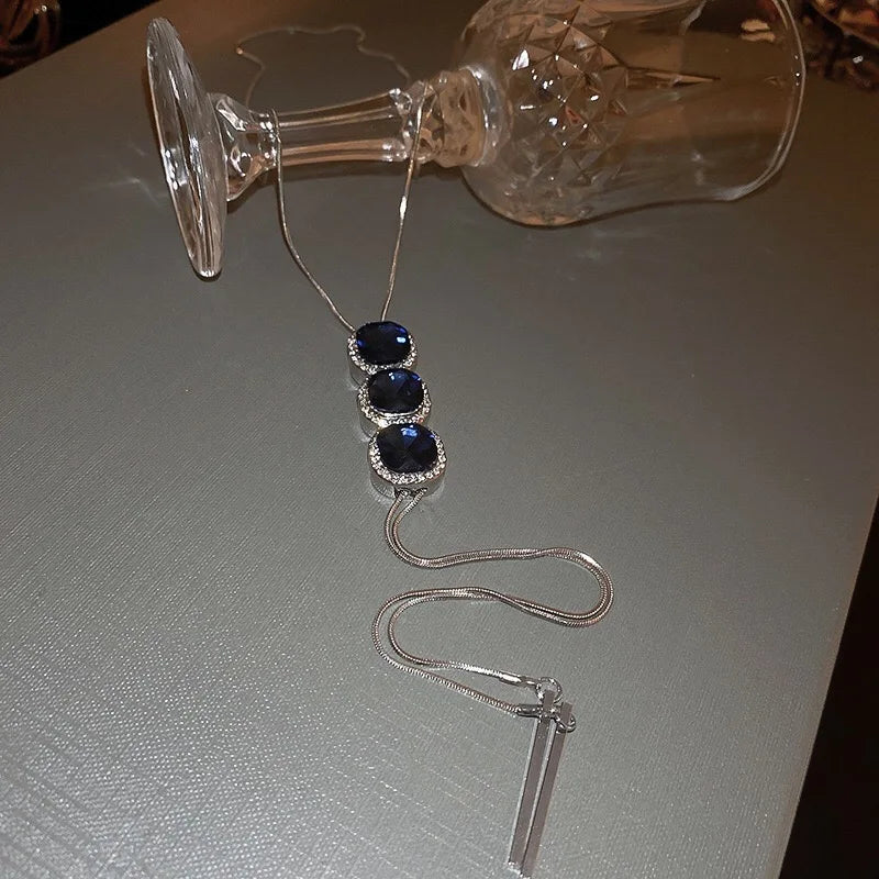 Luxury Jewelry Blue Crystal Tassel Long Necklace