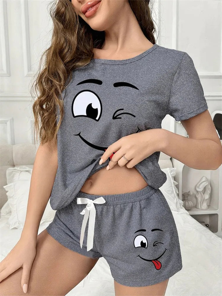 Cute smile face Print Short Sleeve Soft Cotton Pajamas Set