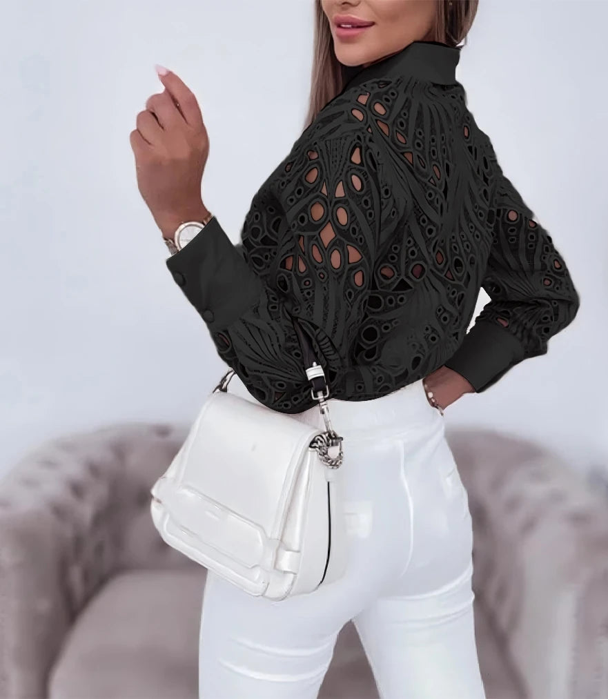 Hollowed Out Long Sleeved Casual Shirt