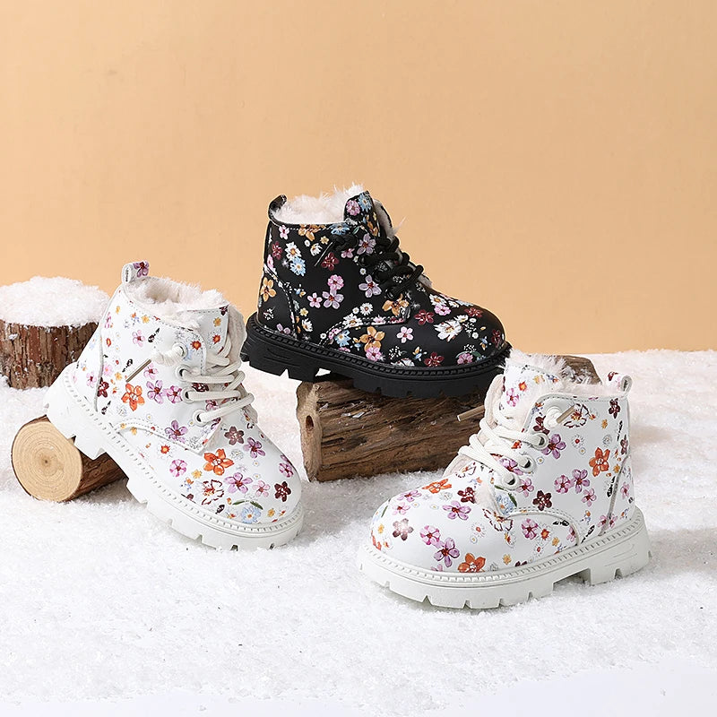 Winter Snow Leather Flower Warm Plush Toddler Non-slip Boots EU 23-31
